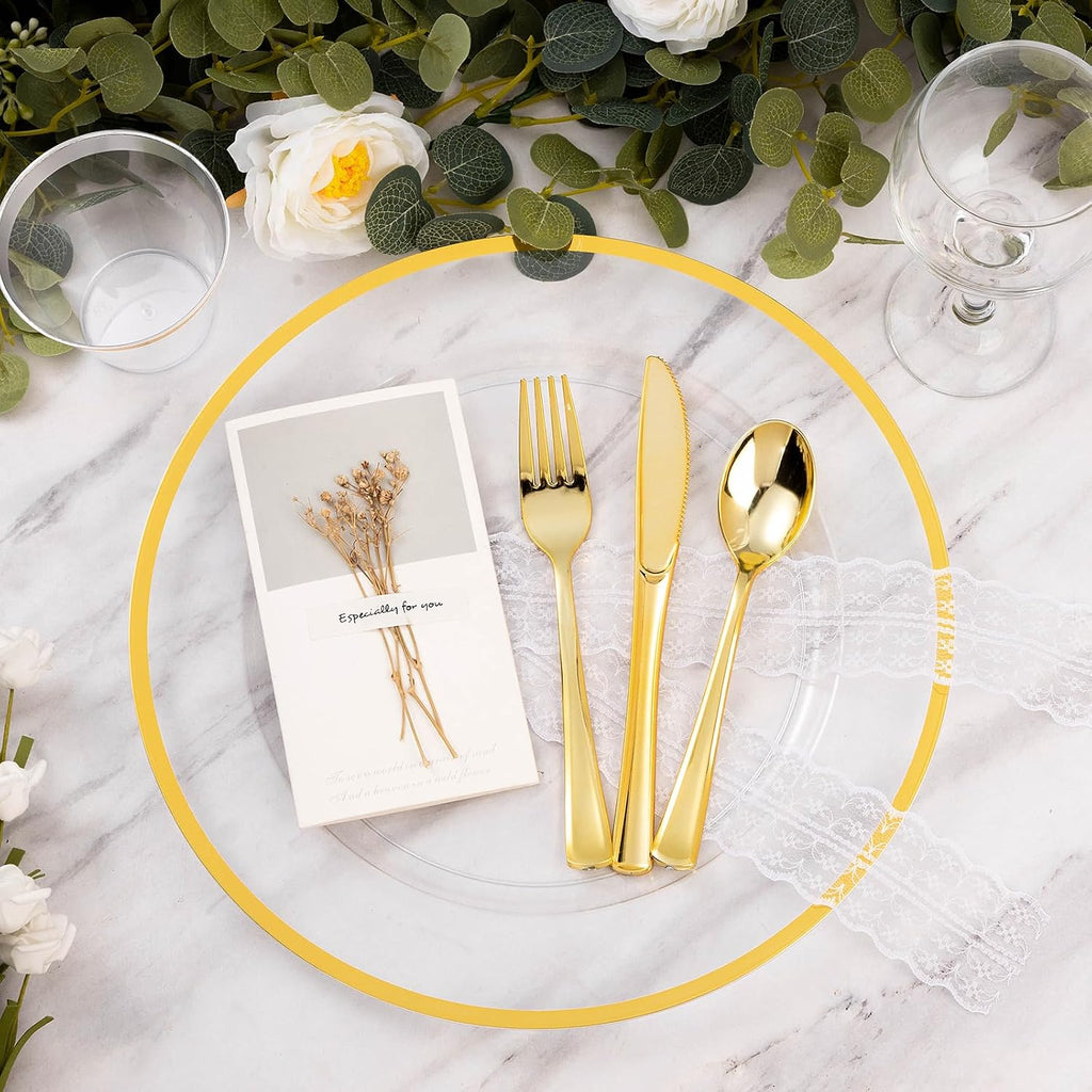 Goodluck 100 Pack 12 Inch Clear Charger Plates with Gold Rim