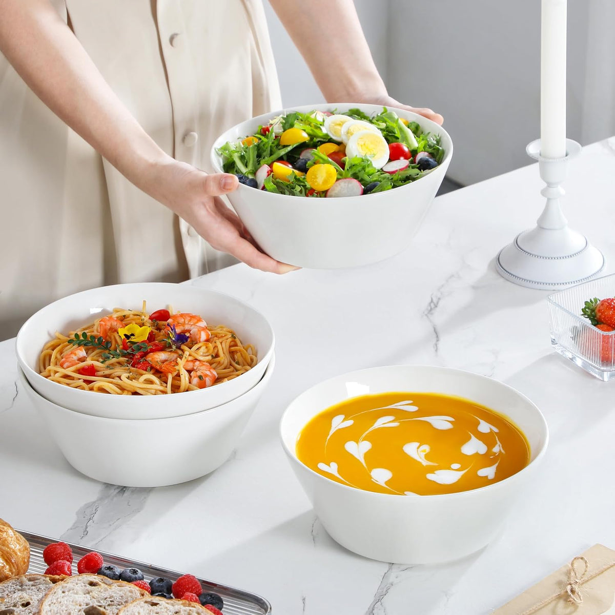 MALACASA 60 OZ Large Salad Soup Bowls Set of 4, White Ceramic Bowls