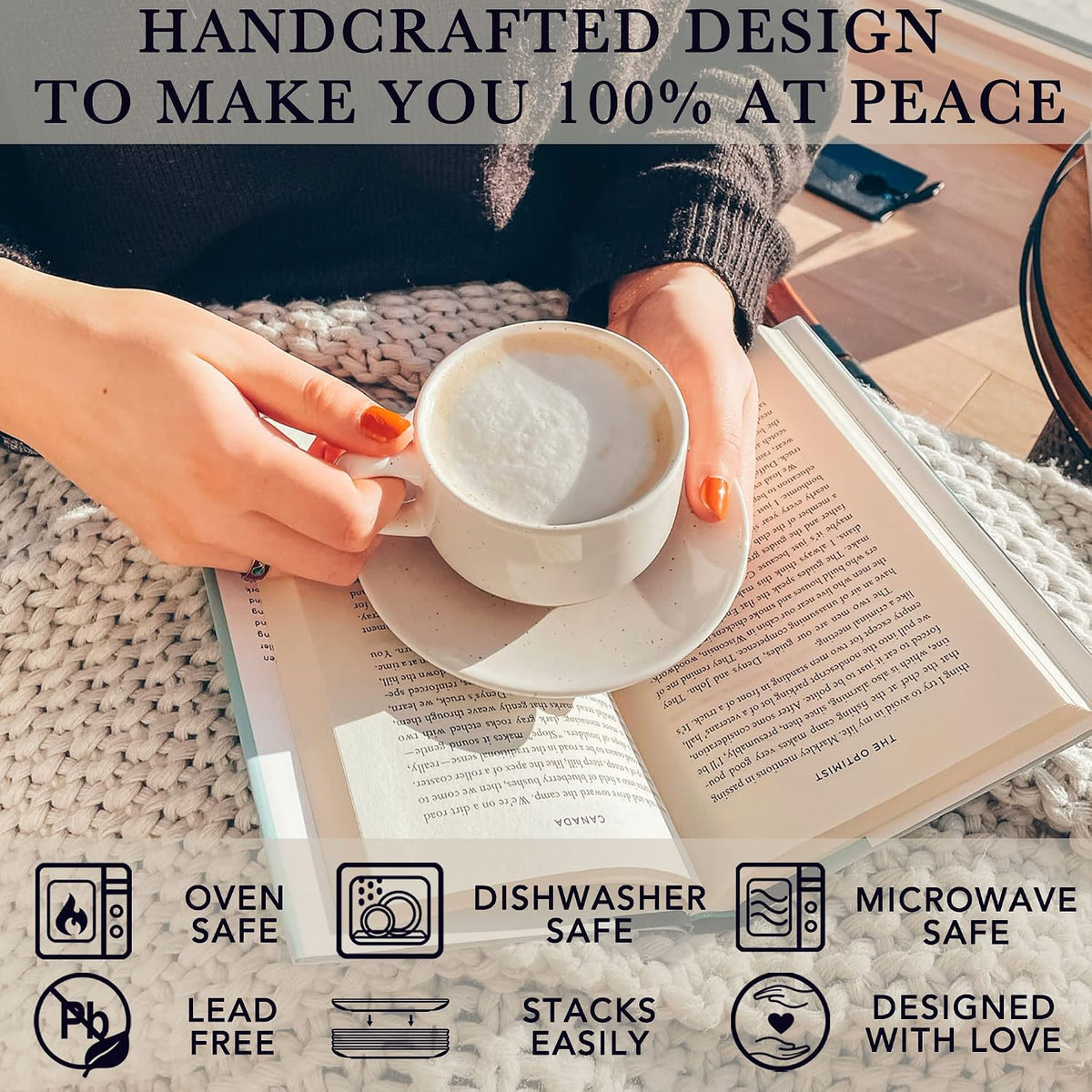 MORA Ceramics 8oz Cappuccino Mug Set of 4 - Ceramic Coffee Cups with Saucers - Microwave and Dishwasher Safe, Perfect For Tea, Espresso, Latte - Porcelain Mugs for Kitchen or Cafe - Vanilla White
