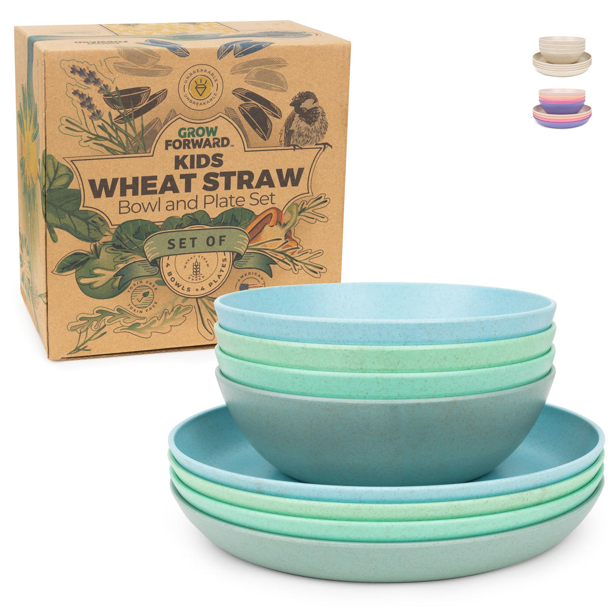 Grow Forward Wheat Straw Kids Plates and Bowls Sets - 8-Piece Unbreakable Dishwasher & Microwave Safe Plastic Plates for Kids - Reusable Non Toxic BPA-Free Dinnerware for Children - Floral