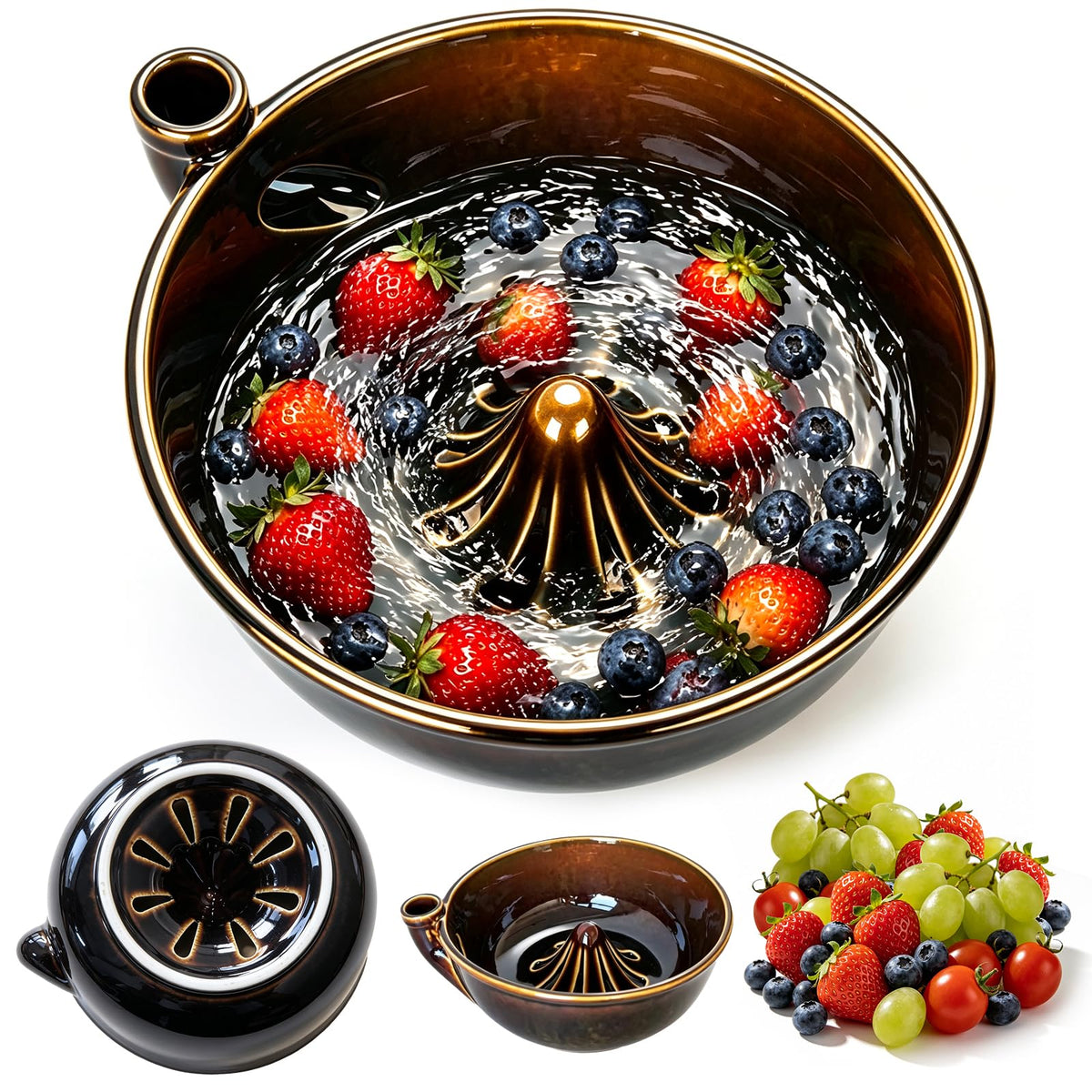 Ceramic Berry Washing Bowl with Auto-Spin Swirl Drainage