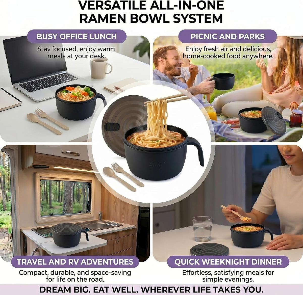 Large Ramen Bowl,Microwave Ramen Cooker,Microwave Pasta Cooker 48oz,College Dorm Room Essentials for Girls for Boys, Apartment Essentials, BPA-Free. (black)