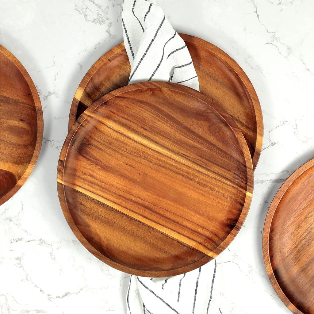 FANICHI Wooden plates (set of 4-11inch) Dinner Plates, Acacia Round Wood Plates, Unbreakable Classic Plates, Easy Cleaning & Lightweight for Dishes Snack, Dessert, Housewarming, Christmas Gift
