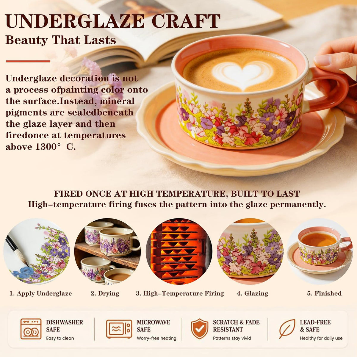 8.45oz Ceramic Tea Cup with Saucer, Pink Vintage Floral Coffee Cup Mug Set, Large Porcelain Cup for Tea Coffee Cappuccino, Gift for Women Mom