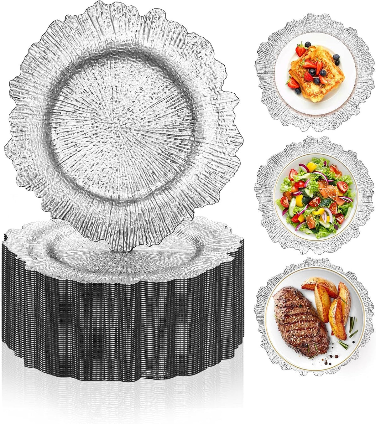 Silver Charger Plates Bulk 100Pcs, 13" Reef Chargers for Wedding