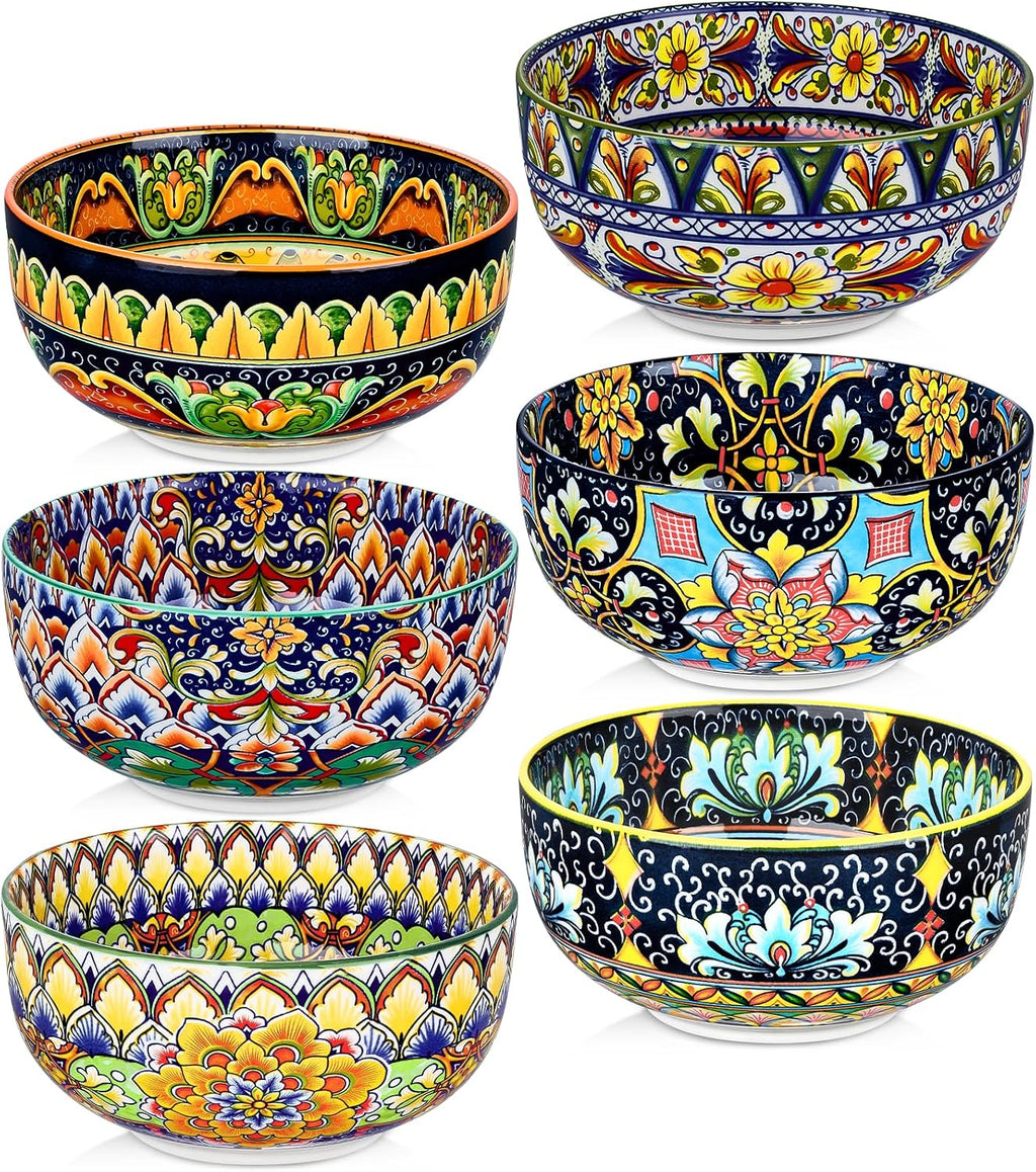 Meolibour Ceramic Cereal Bowls Set of 6, 28 oz Bohemian Soup Bowl, Colorful Bowls Set for Kitchen, Dessert Bowls for Salad, Pasta, Oatmeal, Ramen, Oatmeal, Fruit, Dishwasher & Microwave Safe