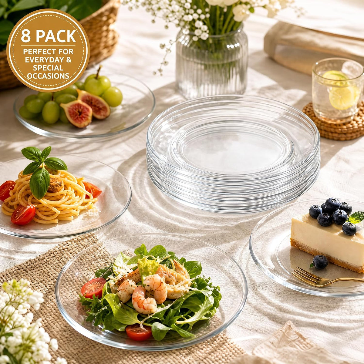 WUWEOT 8 Pack Glass Dessert Plate, 7.5" Clear Salad Plates Appetizer Plate, Snack Fruit Plate Cake Holder, Dishwasher Safe