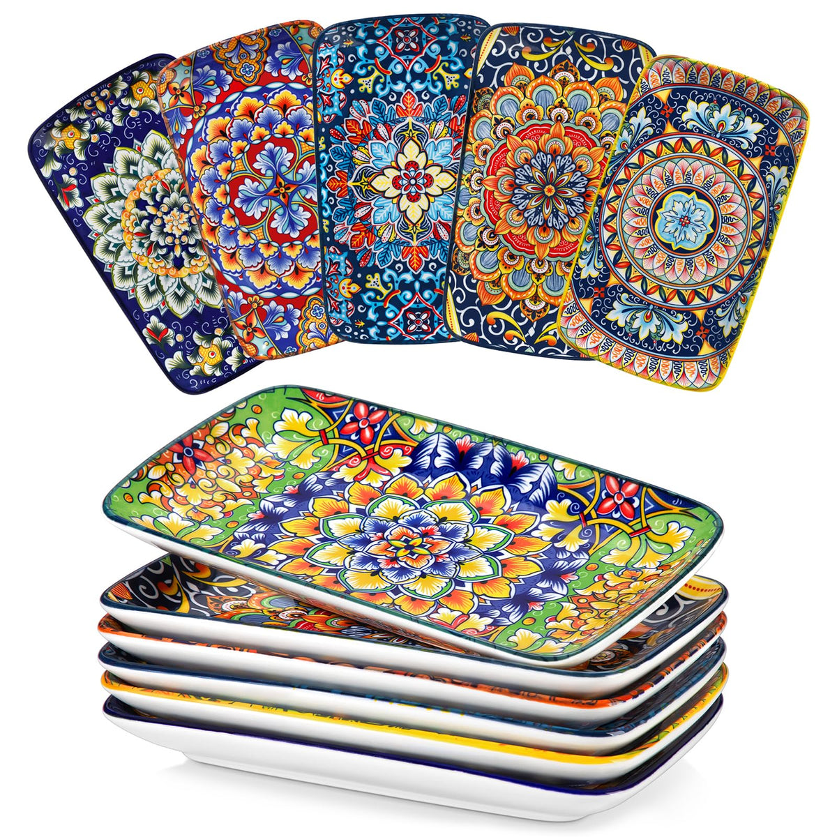 vancasso Simi 6-Piece Rectangular Ceramic Plates Set, 8.5" x 5.1" Small Dessert & Sushi Plates, Bohemian Appetizer Serving Plates, Microwave & Oven Safe Porcelain Plates