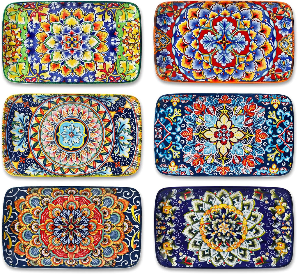 vancasso Simi 6-Piece Rectangular Ceramic Plates Set, 8.5" x 5.1" Small Dessert & Sushi Plates, Bohemian Appetizer Serving Plates, Microwave & Oven Safe Porcelain Plates