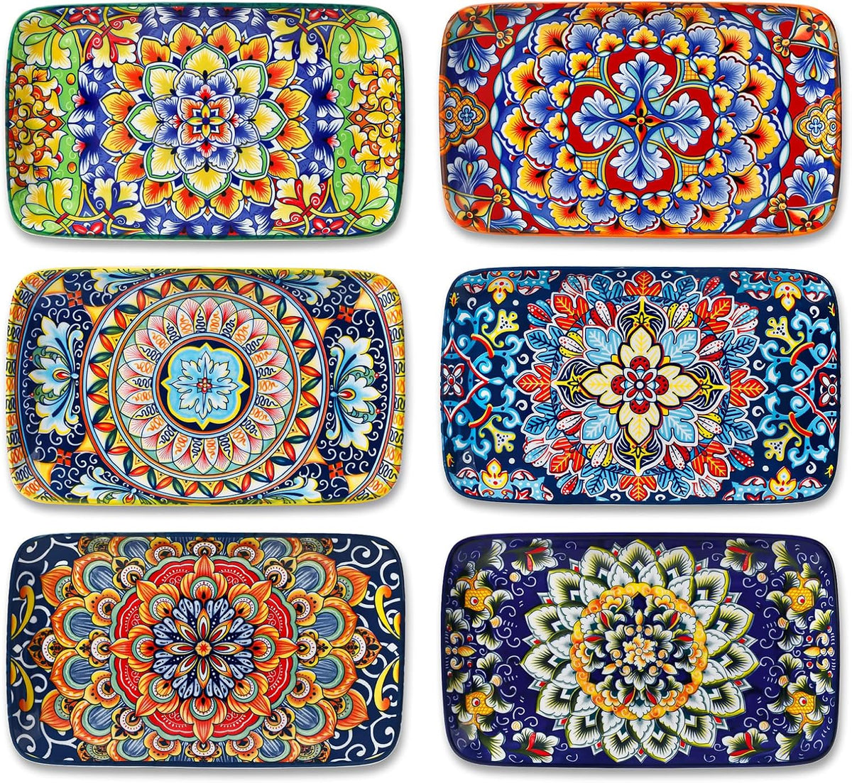 vancasso Simi 6-Piece Rectangular Ceramic Plates Set, 8.5" x 5.1" Small Dessert & Sushi Plates, Bohemian Appetizer Serving Plates, Microwave & Oven Safe Porcelain Plates