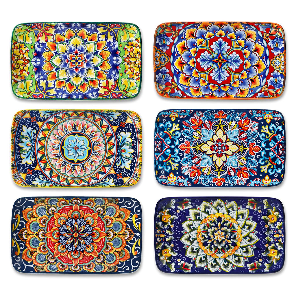vancasso Simi 6-Piece Rectangular Ceramic Plates Set, 8.5" x 5.1" Small Dessert & Sushi Plates, Bohemian Appetizer Serving Plates, Microwave & Oven Safe Porcelain Plates