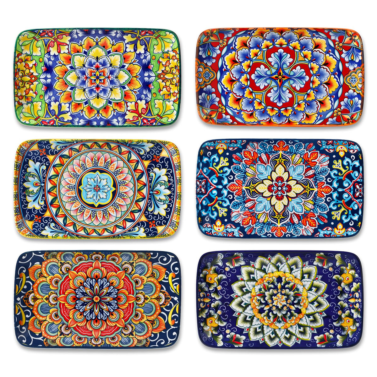 vancasso Simi 6-Piece Rectangular Ceramic Plates Set, 8.5" x 5.1" Small Dessert & Sushi Plates, Bohemian Appetizer Serving Plates, Microwave & Oven Safe Porcelain Plates