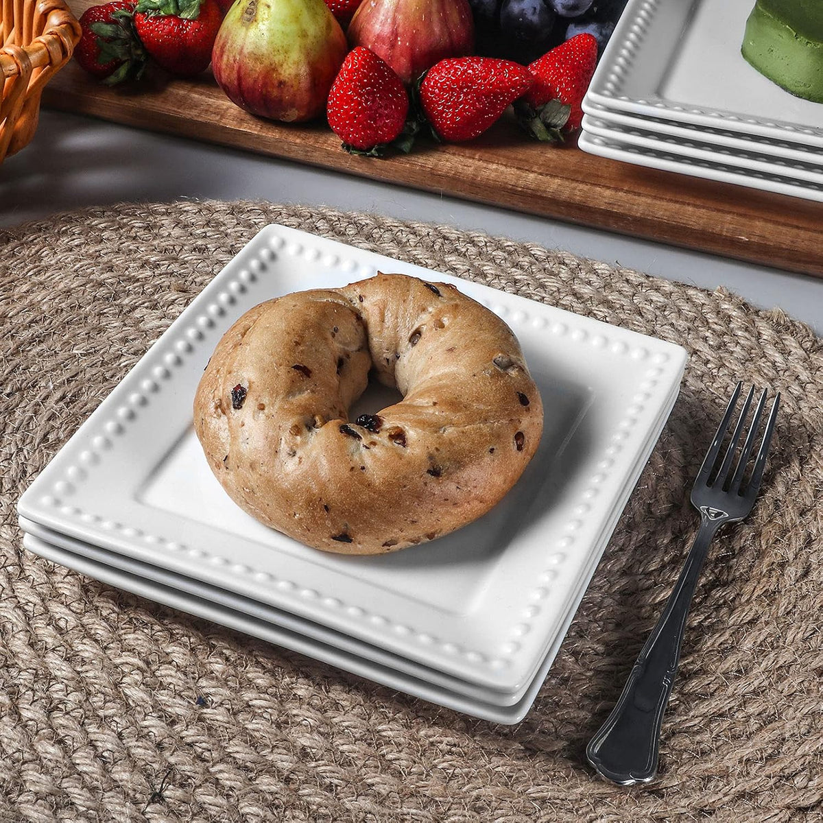 Embossed Ceramic Appetizer & Dessert Plates - Set of 6, 6 inch White Square Dinner Plates for Snack & Restaurant, Dishwasher & Microwave Safe