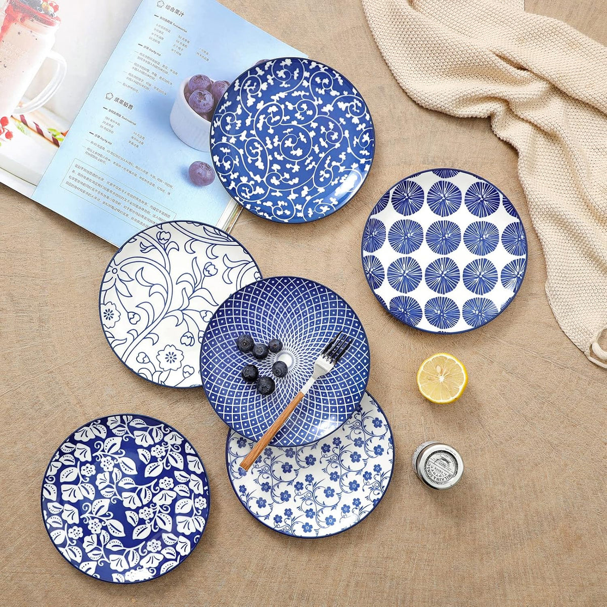 Selamica Ceramic Dessert Plates Set of 6, 6 Inch Small Plates, Vintage Blue