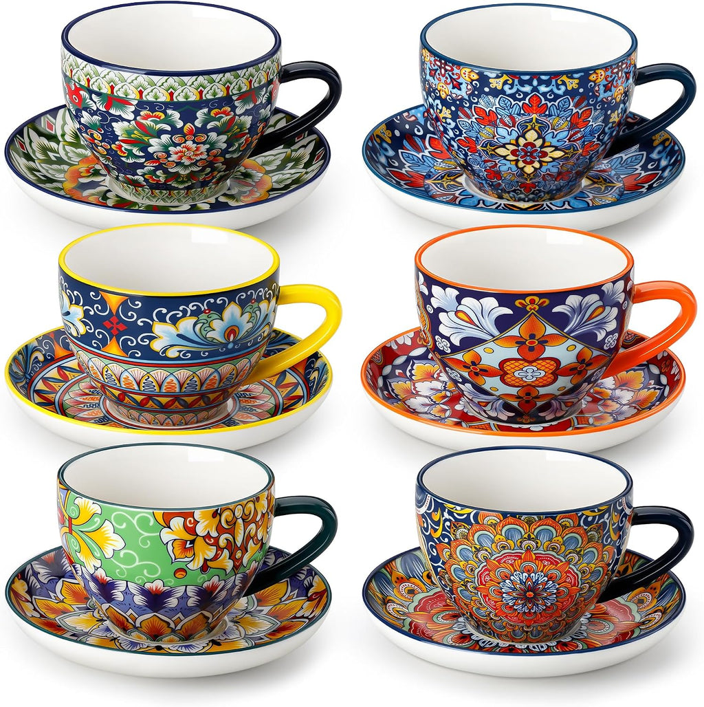 vancasso 8 Oz Cappuccino Cups, Porcelain Tea Cups and Saucers Set of 6