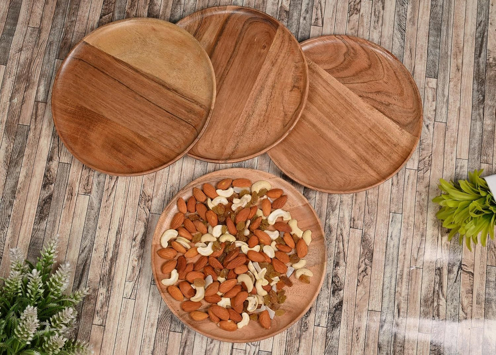 NIRMAN Acacia Wood Dinner Plates Set of 4 for Dishes Snack, Dessert Natural Wood Plates Serving Dinnerware Plate for Dinner (8" x 8" x 0.75")