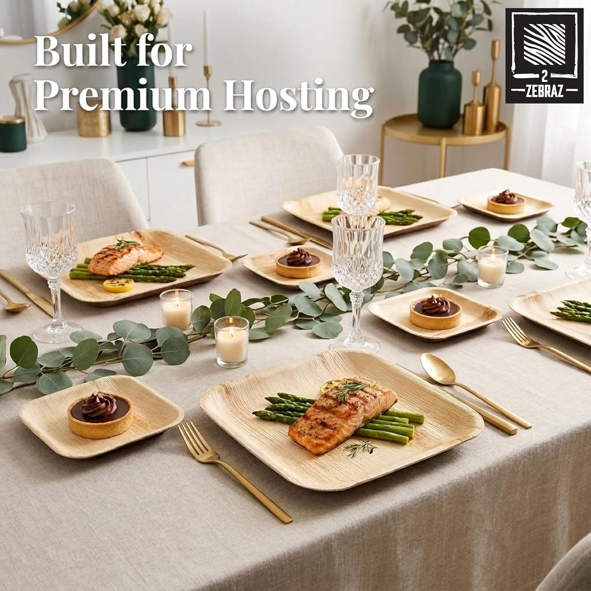 ZEBRAZ Disposable Bamboo Plates, 50-Pack, 10-Inch Dinner & 7-Inch