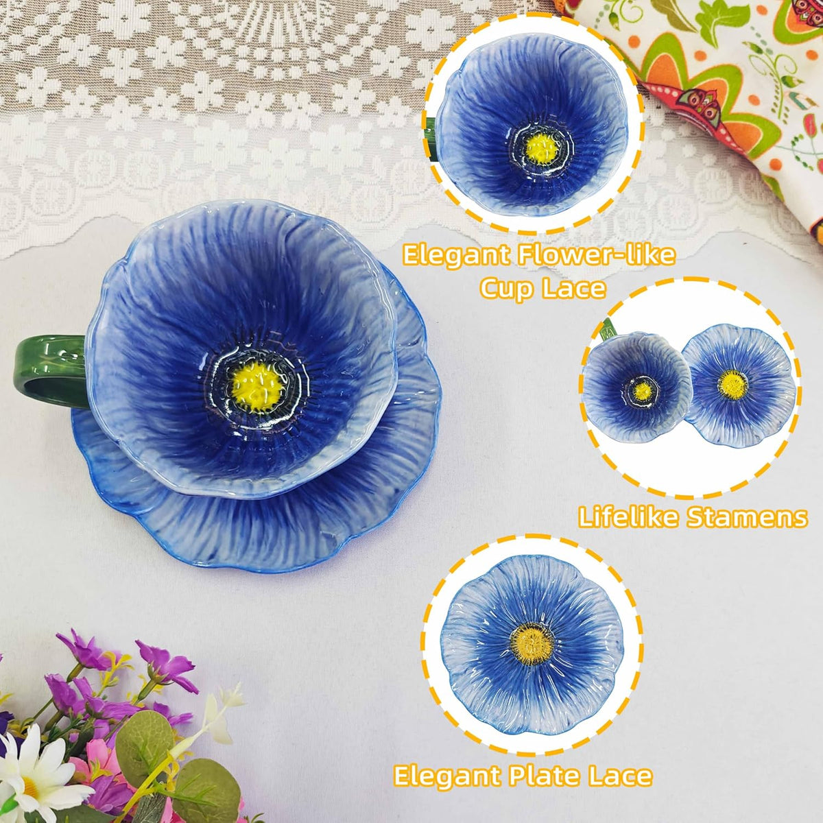 10 oz Tea Cups and Saucers, Ceramic Flower-shaped Cappuccino Cup, Latte Cup and Saucer set, elegant floral Espresso Cup set, Suitable for microwave and dishwasher-Purple