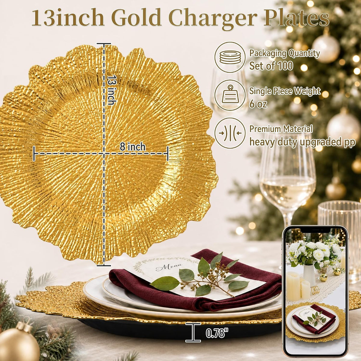 Gold Charger Plates Bulk 100 Pack, 13 Inch Gold Reef Chargers Plates